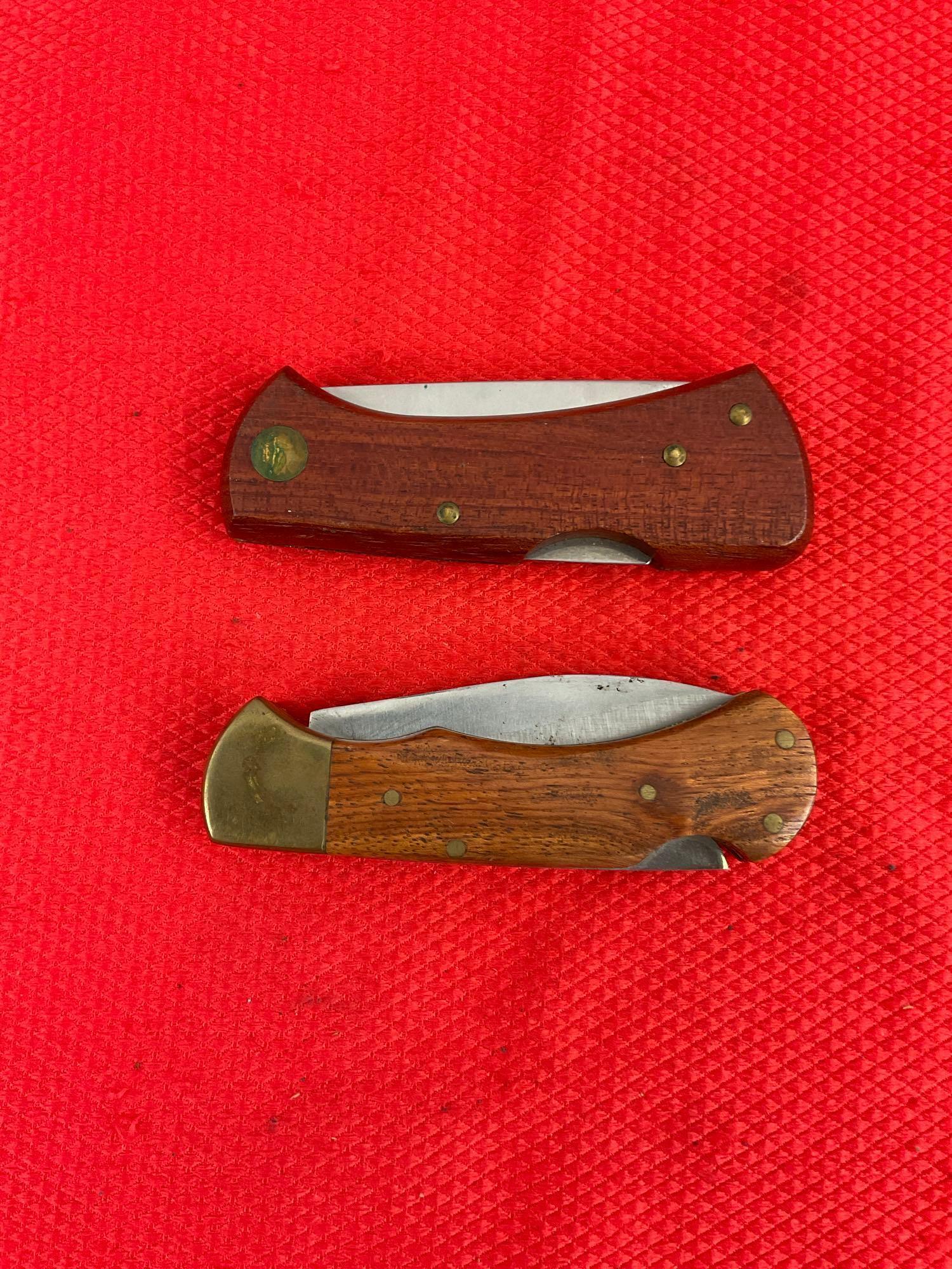 2 pcs Steel Folding Blade Pocket Knives w/ Wood Handles & Sheathes. Vintage Estwing EKA. See pics.