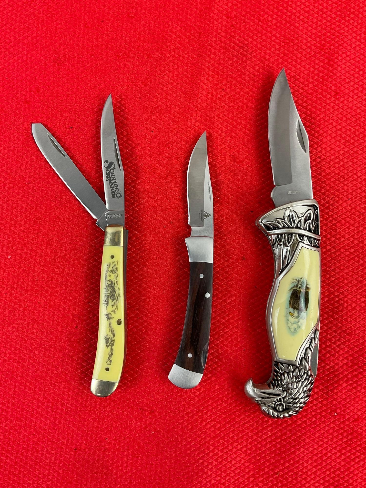 3 pcs Modern Steel Folding Blade Pocket Knives. 1 Schrade, 1 Lone Wolf, 1 Rite Edge. NIB. See pics.