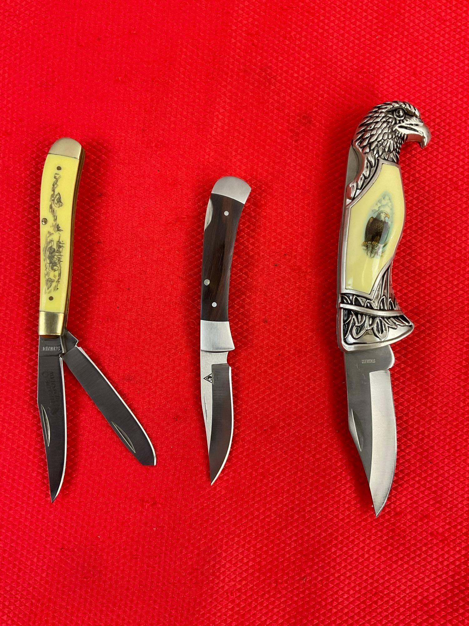 3 pcs Modern Steel Folding Blade Pocket Knives. 1 Schrade, 1 Lone Wolf, 1 Rite Edge. NIB. See pics.