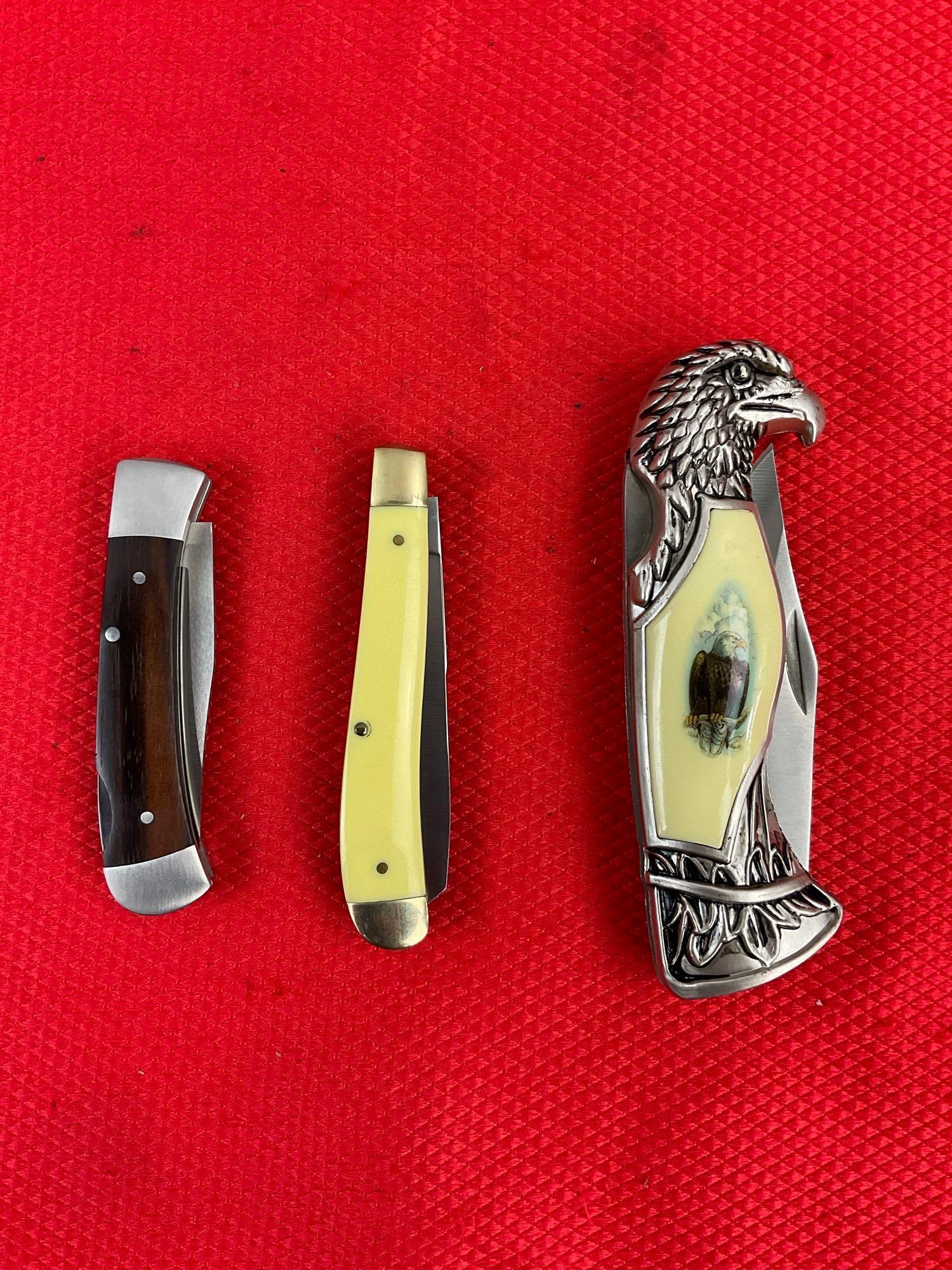 3 pcs Modern Steel Folding Blade Pocket Knives. 1 Schrade, 1 Lone Wolf, 1 Rite Edge. NIB. See pics.