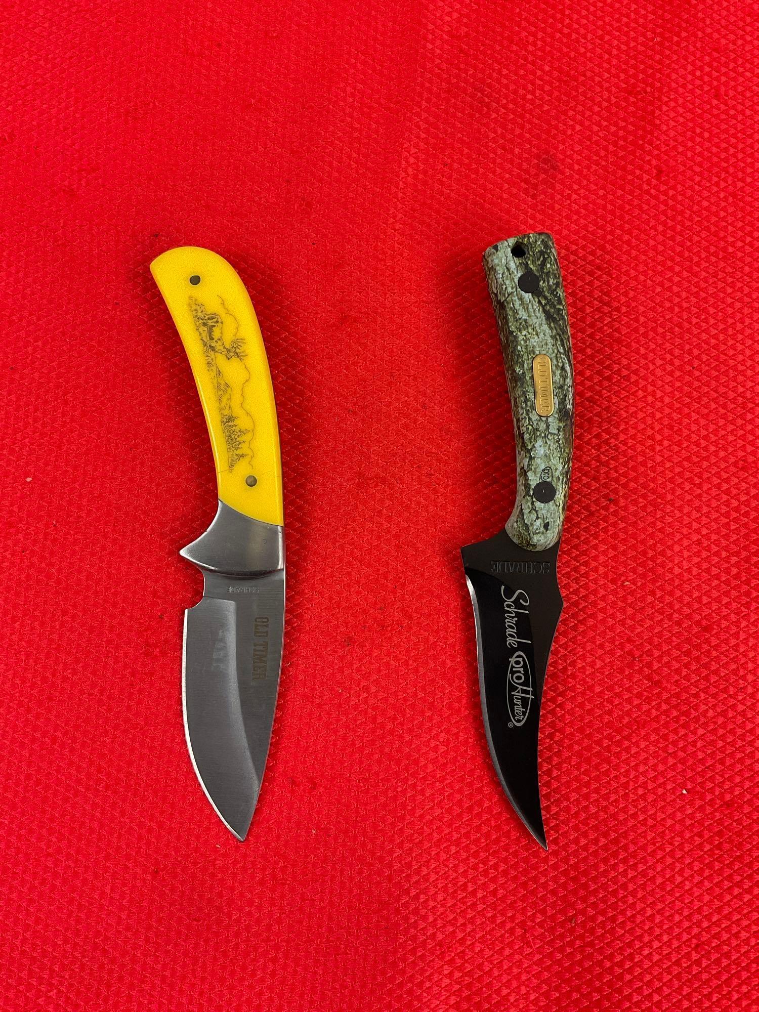 2 pcs Modern Schrade Steel Fixed Blade Hunting Knives Models 17-27 & 152OTBC w/ Sheathes. See pics.