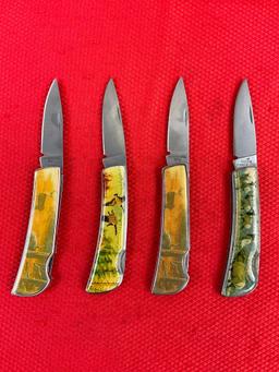 4 pcs 2.5" Vanadium Steel Folding Blade Pocket Knives w/ Decorated Handles & 3x Wooden Boxes. See