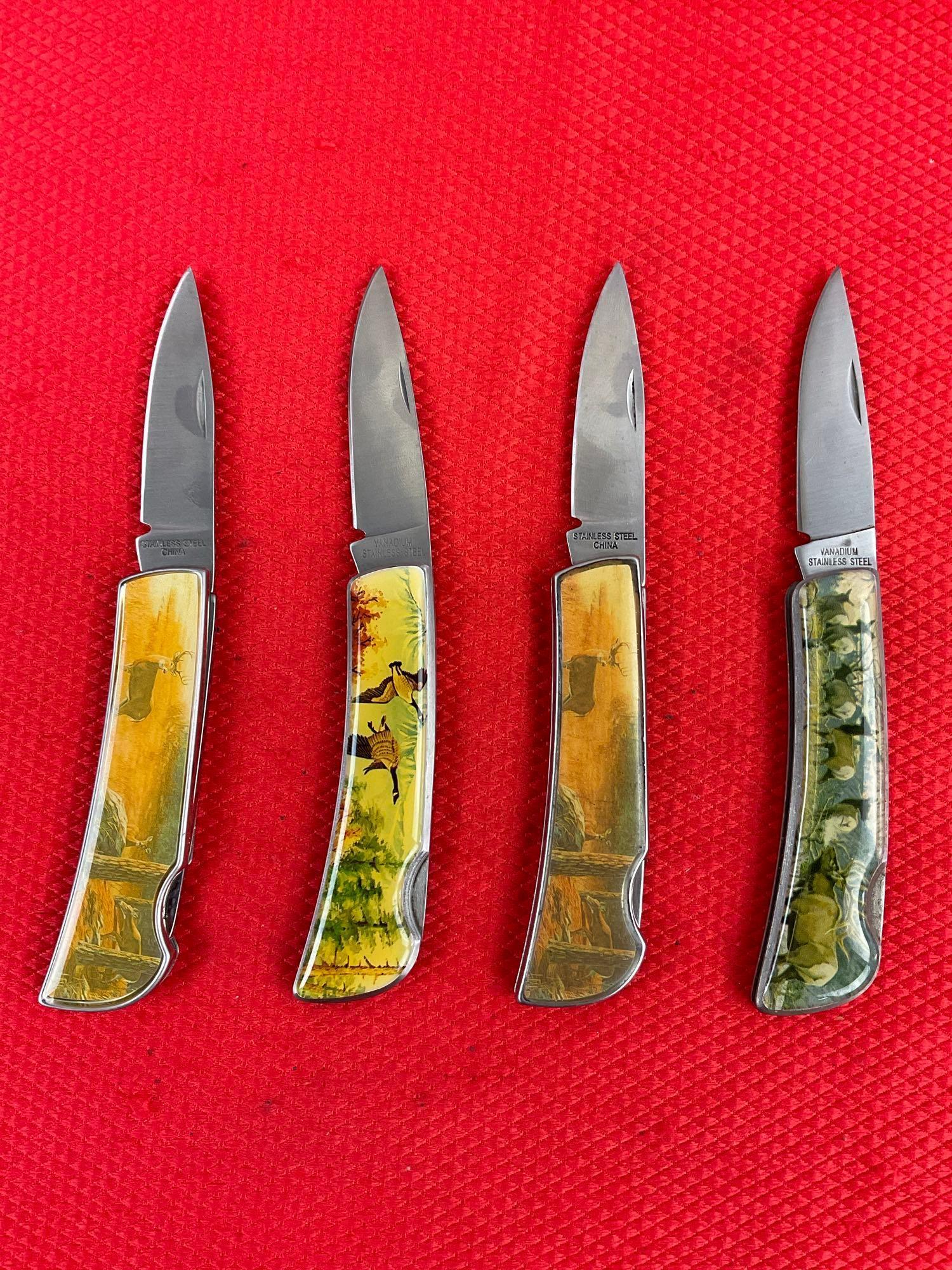 4 pcs 2.5" Vanadium Steel Folding Blade Pocket Knives w/ Decorated Handles & 3x Wooden Boxes. See