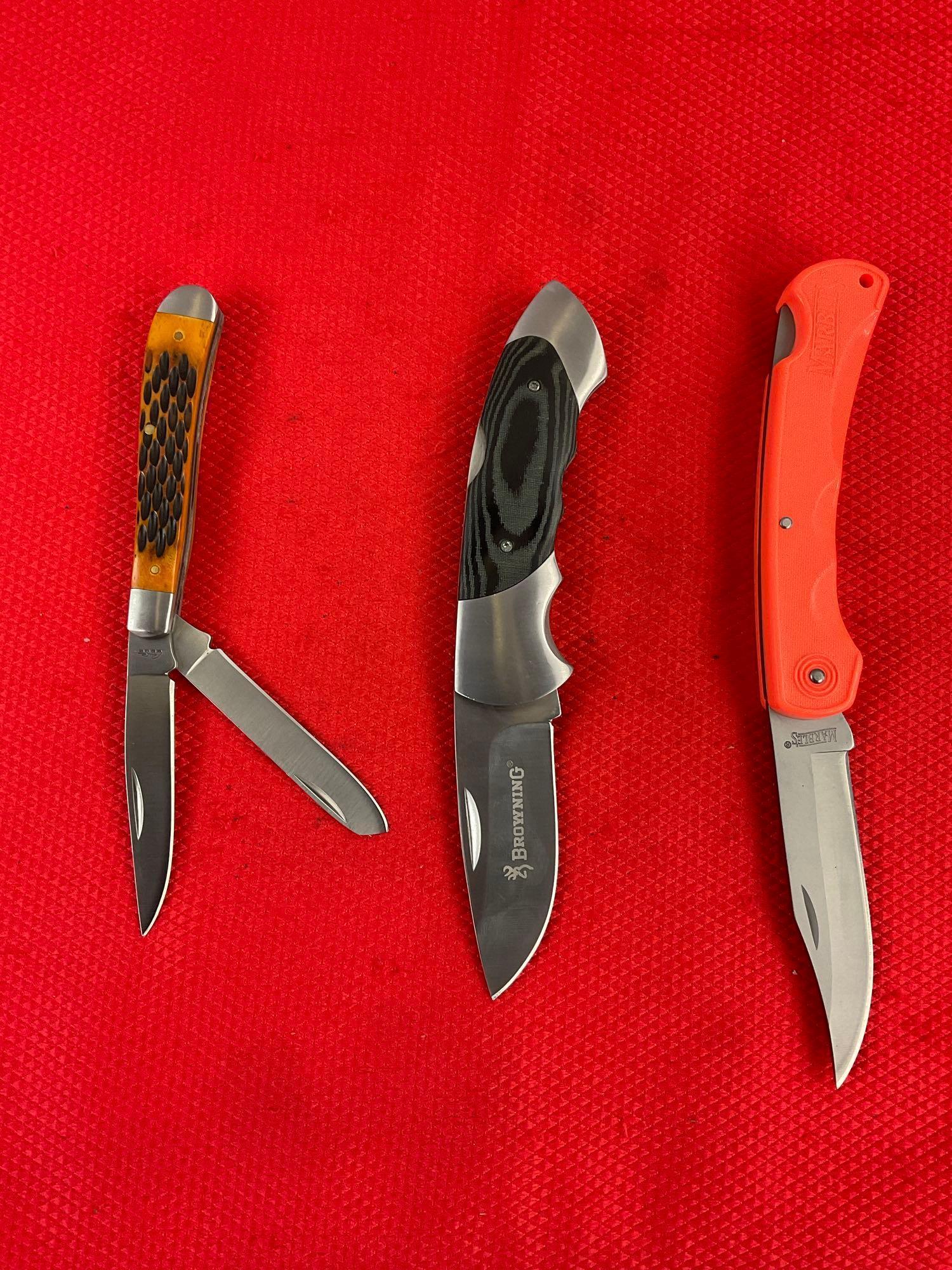 3 pcs Modern Steel Folding Blade Pocket Knives. 1x Browning, 1x Marble's, 1x Rite Edge. NIB. See