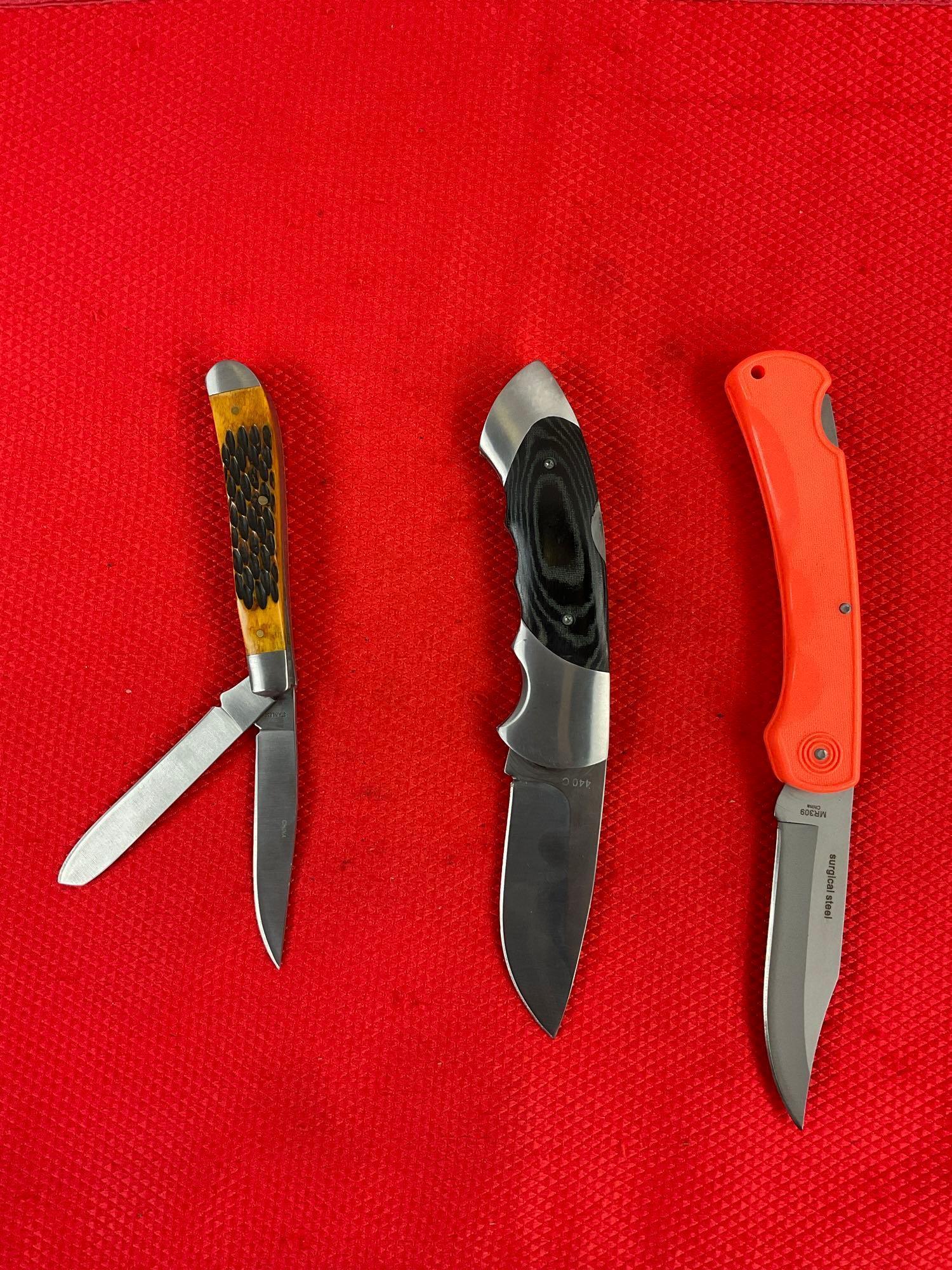 3 pcs Modern Steel Folding Blade Pocket Knives. 1x Browning, 1x Marble's, 1x Rite Edge. NIB. See