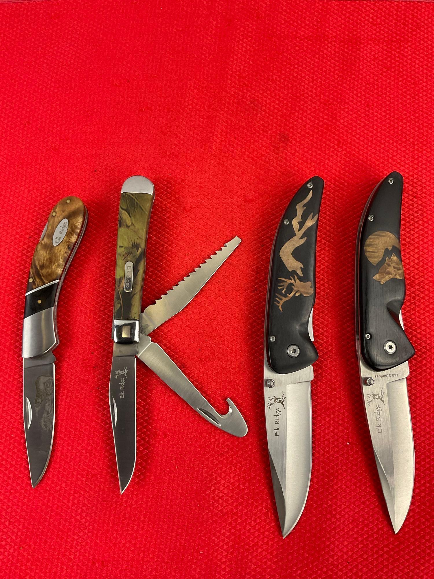 4 pcs Elk Ridge 440 Steel Folding Blade Pocket Knives Models 080D, 080W, 2 Unknown. NIB. See pics.