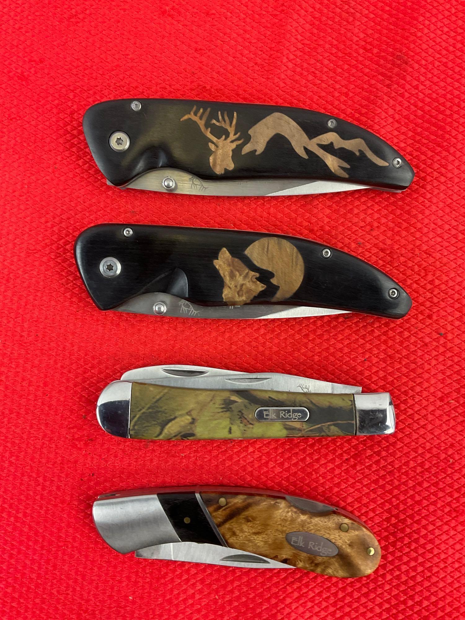 4 pcs Elk Ridge 440 Steel Folding Blade Pocket Knives Models 080D, 080W, 2 Unknown. NIB. See pics.