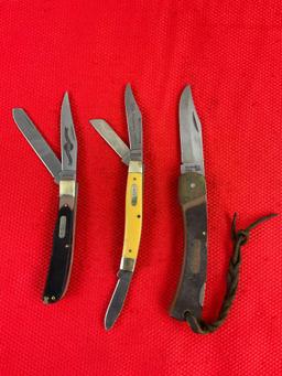 3 pcs Schrade Old Timer Steel Folding Blade Pocket Knives Models 6OT, 8OTY, 96OT. See pics.