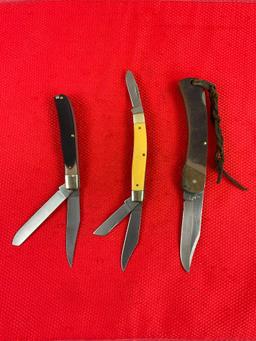 3 pcs Schrade Old Timer Steel Folding Blade Pocket Knives Models 6OT, 8OTY, 96OT. See pics.