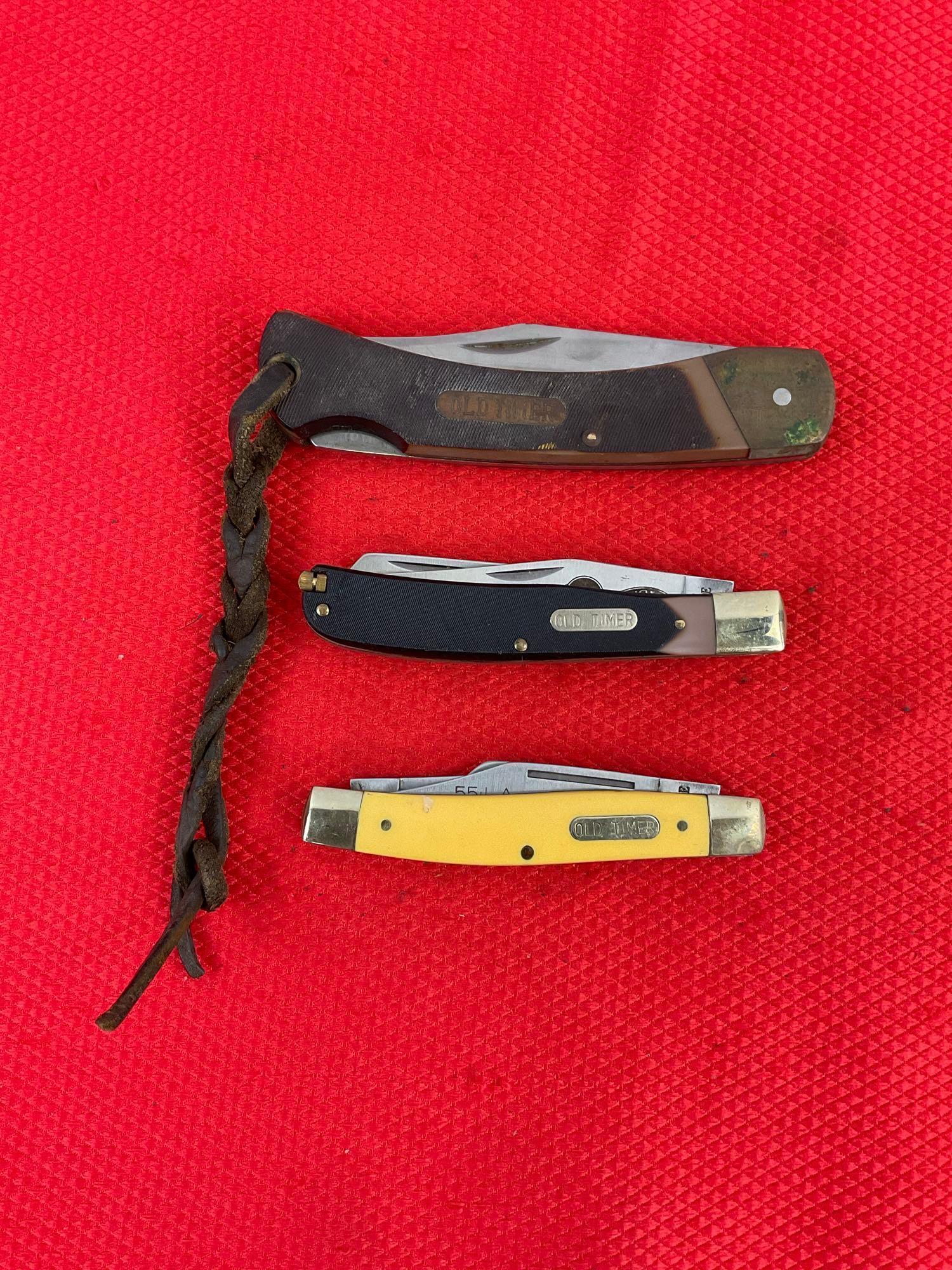 3 pcs Schrade Old Timer Steel Folding Blade Pocket Knives Models 6OT, 8OTY, 96OT. See pics.