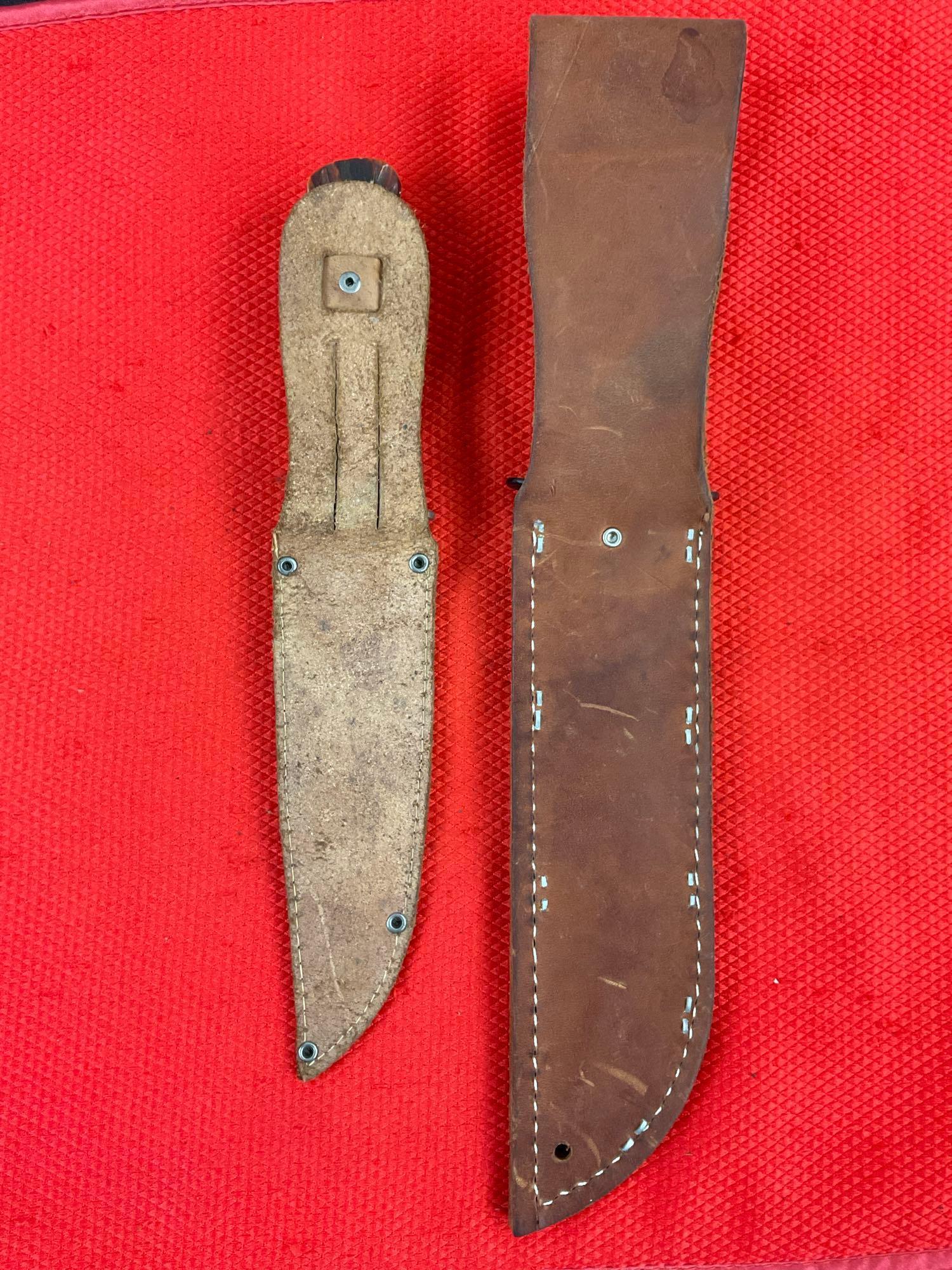 2 pcs Steel Fixed Blade Knives w/ Leather Sheathes. KA-BAR USMC Straight Edge Repro. See pics.