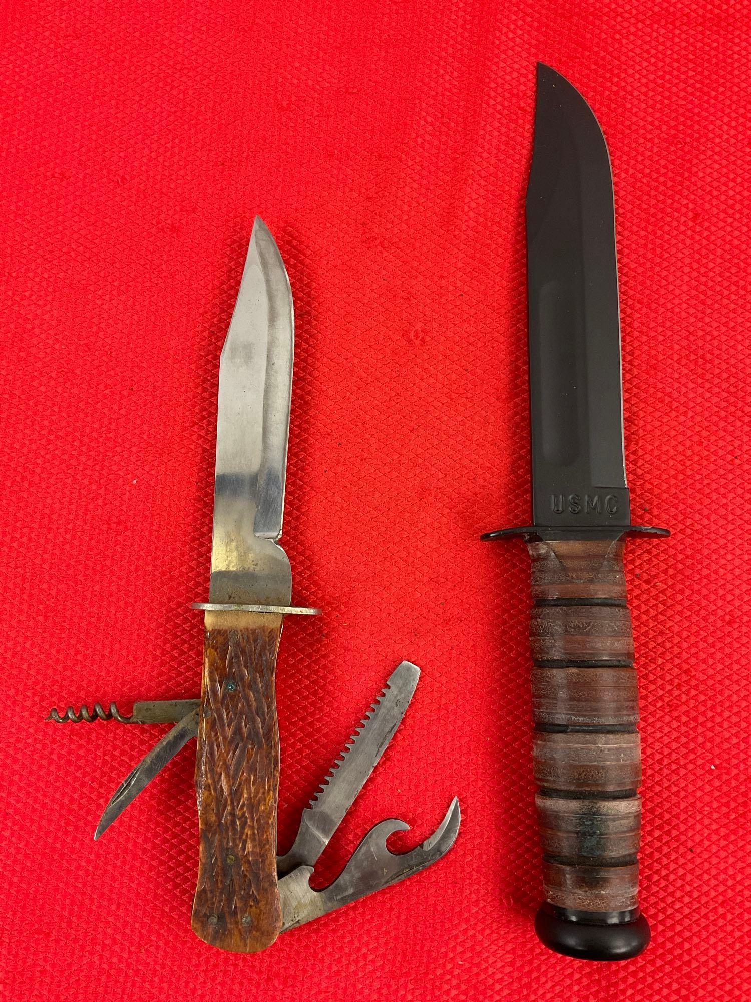 2 pcs Steel Fixed Blade Knives w/ Leather Sheathes. KA-BAR USMC Straight Edge Repro. See pics.