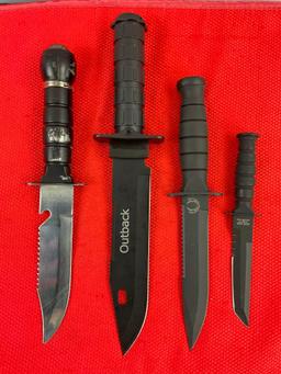 4 pcs Steel Fixed Blade Bowie Knives w/ Sheathes. 1x Hero Edge, 1x Outback, 1x D.O.T.T. See pics.