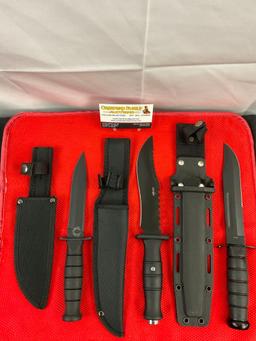 3 pcs Modern Steel Fixed Blade Tactical Knives w/ Sheathes. 1x Survivor, 1x D.O.T.T., 1x Unknown.