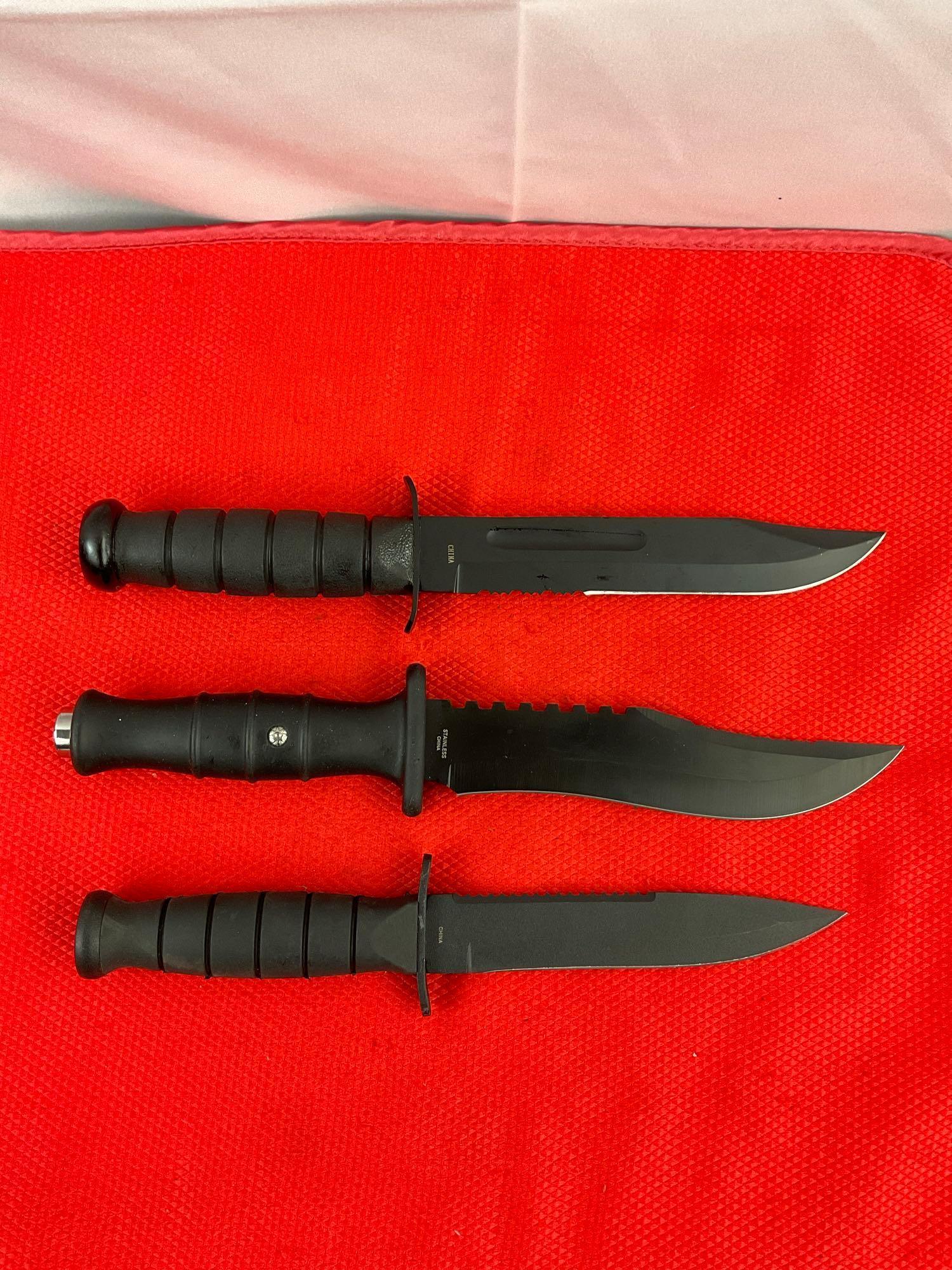 3 pcs Modern Steel Fixed Blade Tactical Knives w/ Sheathes. 1x Survivor, 1x D.O.T.T., 1x Unknown.