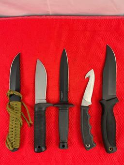 5 pcs Modern Steel Fixed Blade Knife Assortment w/ Sheathes. 1x Takedown, 1x Camillus. See pics.