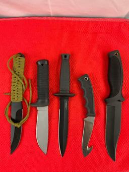 5 pcs Modern Steel Fixed Blade Knife Assortment w/ Sheathes. 1x Takedown, 1x Camillus. See pics.