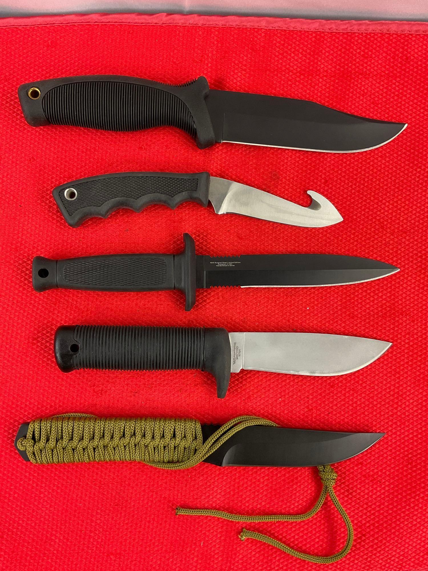 5 pcs Modern Steel Fixed Blade Knife Assortment w/ Sheathes. 1x Takedown, 1x Camillus. See pics.