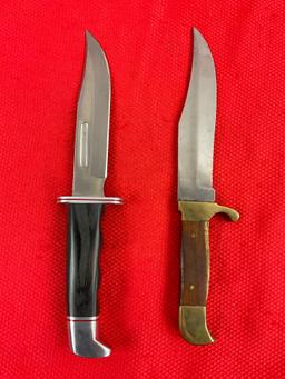2 pcs 5" Steel Fixed Blade Bowie Knives w/ Sheathes. Unknown Makers & Models. See pics.