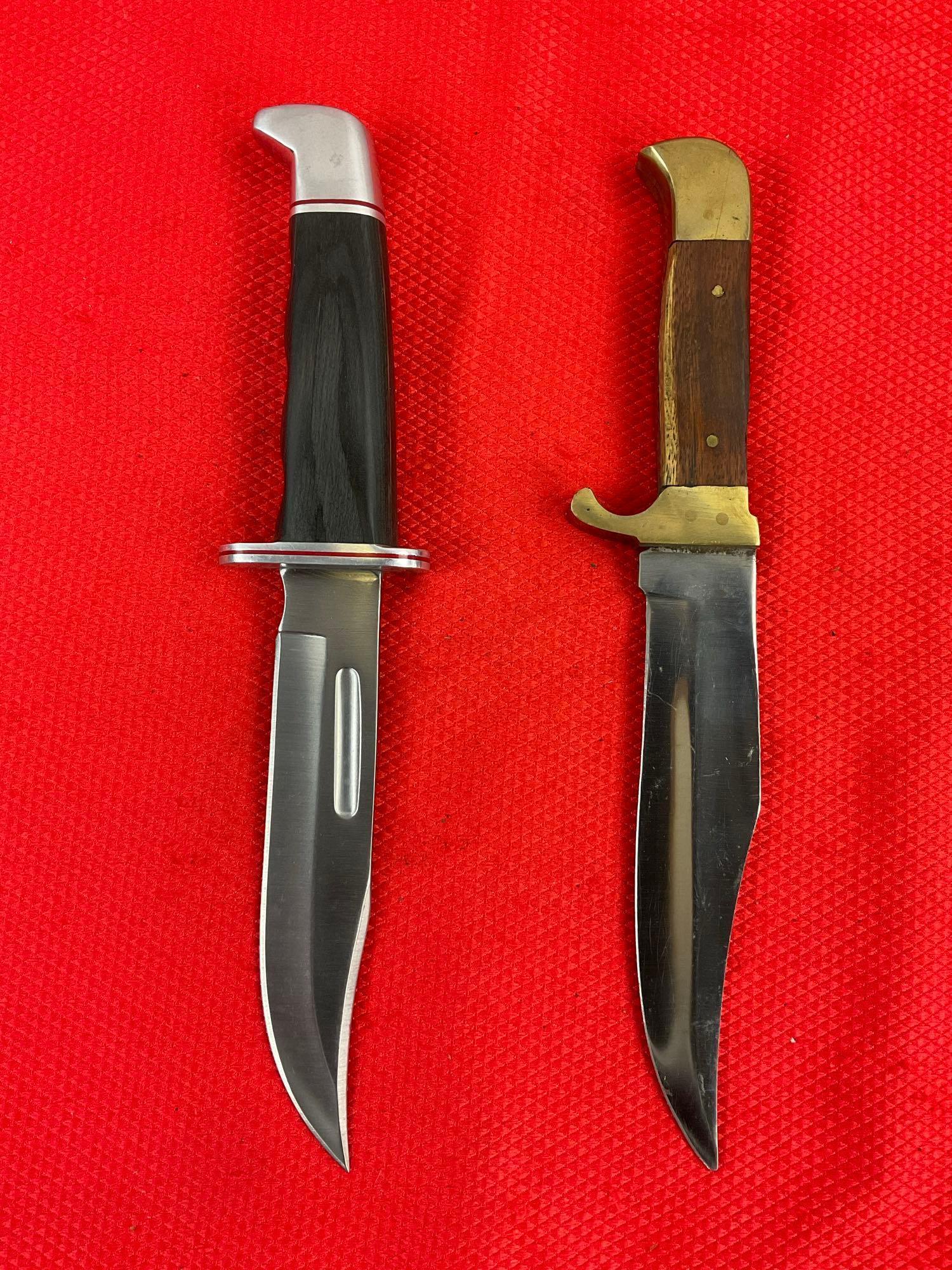 2 pcs 5" Steel Fixed Blade Bowie Knives w/ Sheathes. Unknown Makers & Models. See pics.