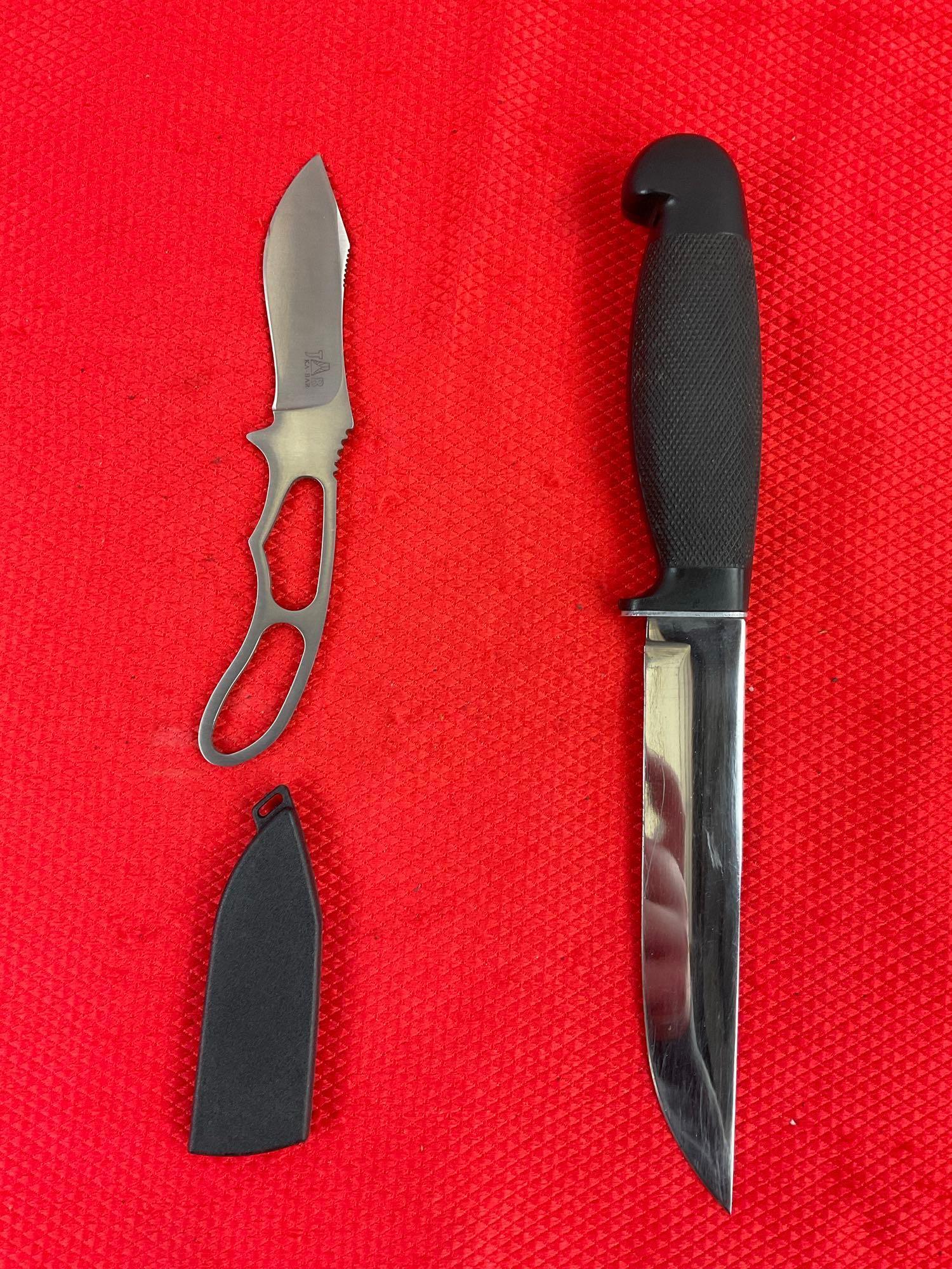 2 pcs Modern Steel Fixed Blade Knives w/ Sheathes. 1x Cattaraugus, 1x KA-BAR 5599. See pics.