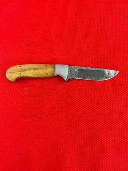 3" Steel Fixed Blade Hunting Knife w/ Wood Handle, Etched Blade & Sheath. Unknown Maker. See pics.