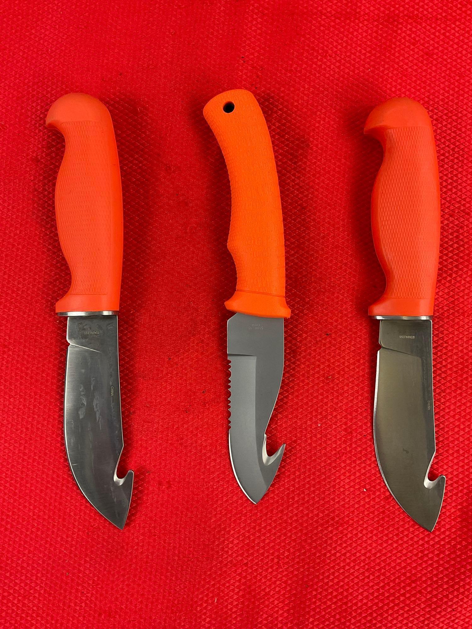 3 pcs Rite Edge Steel Fixed Blade Hunting Knives w/ Guthook, Orange Handles & Nylon Sheathes. See