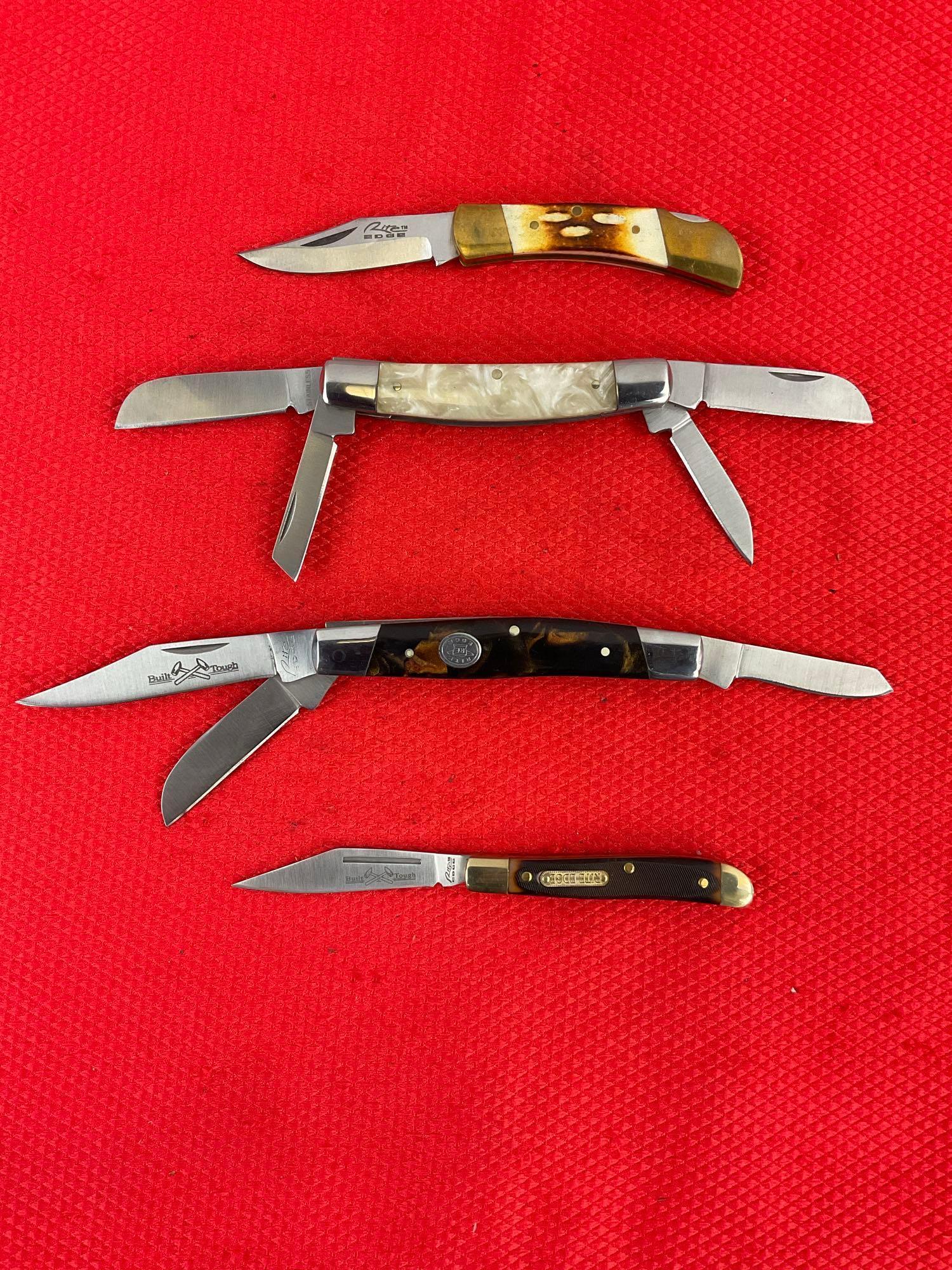 4 pcs Modern Rite Edge Steel Folding Blade Pocket Knives w/ Composite Handles. NIB. See pics.