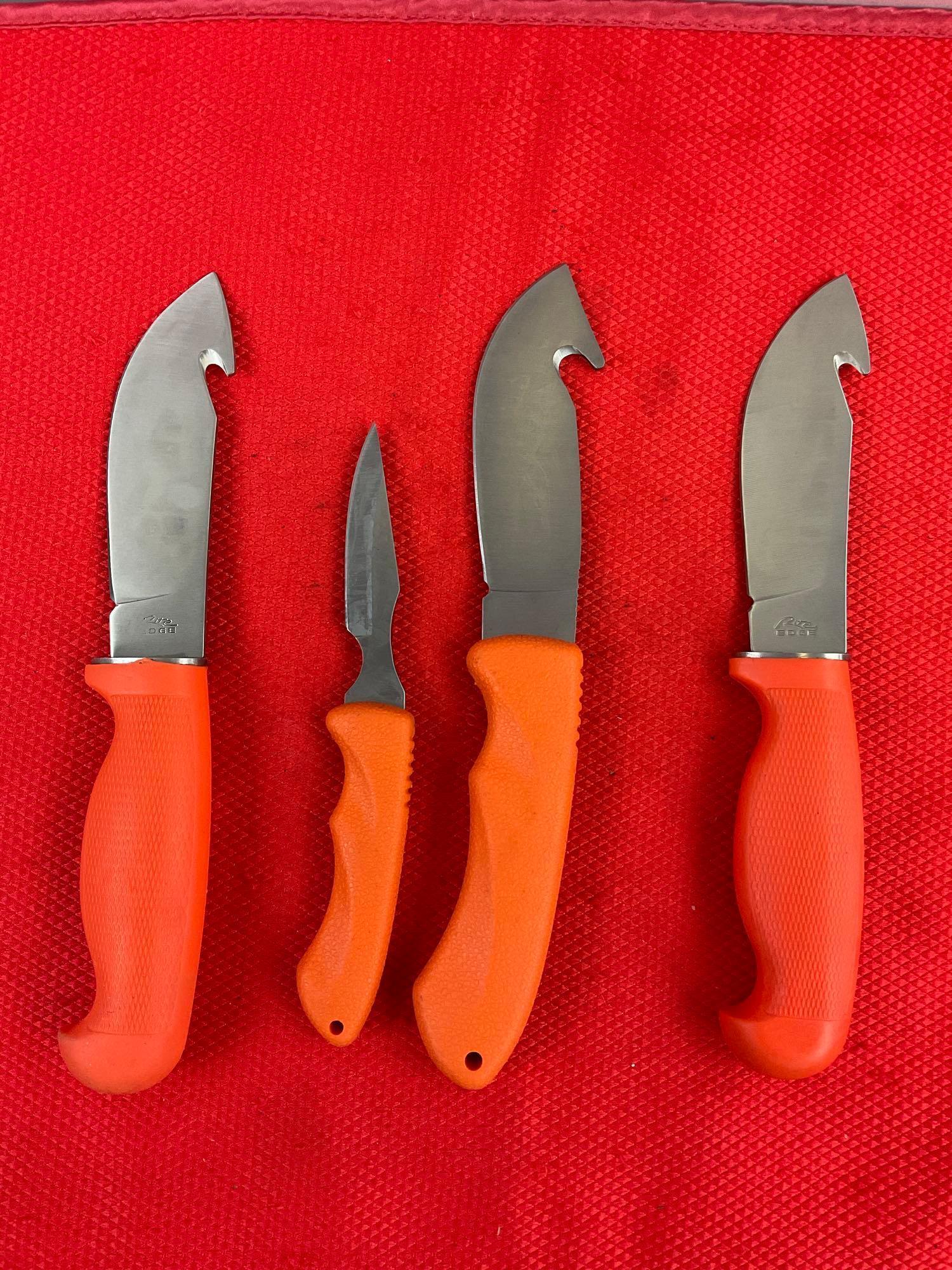 4 pcs Rite Edge Steel Fixed Blade Skinning Knives w/ Orange Handles & Sheathes. See pics.