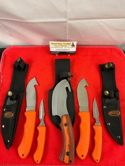 5 pcs Modern Rite Edge Steel Fixed Blade Skinning Knives w/ Orange Handles & Sheathes. See pics.