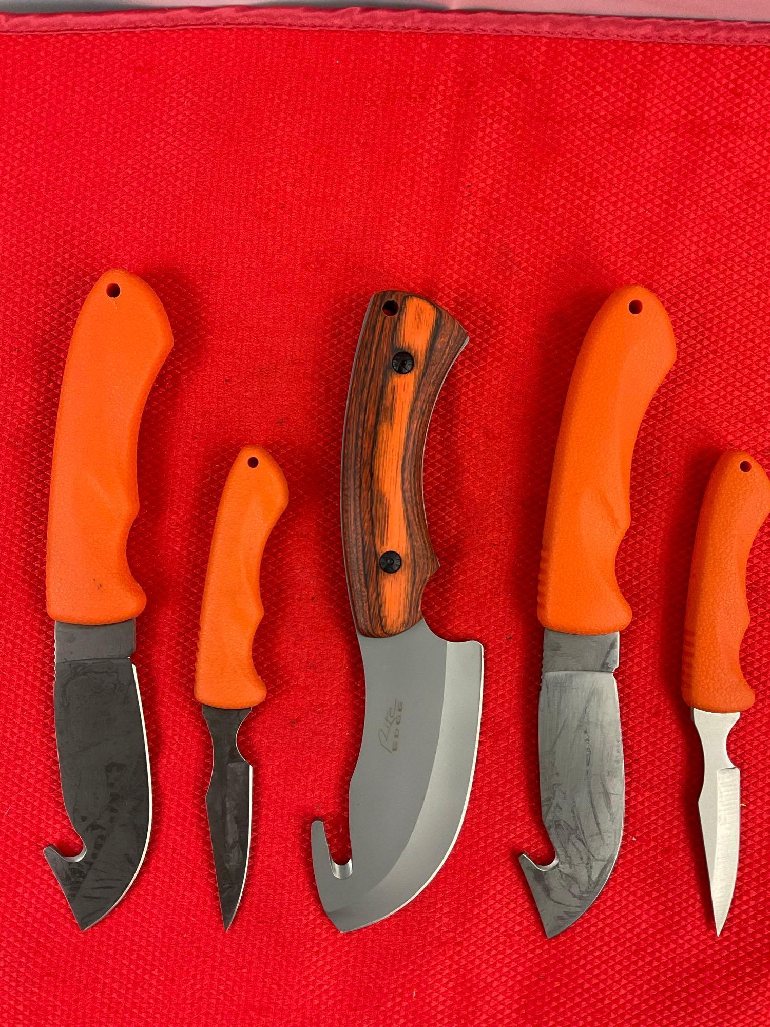 5 pcs Modern Rite Edge Steel Fixed Blade Skinning Knives w/ Orange Handles & Sheathes. See pics.