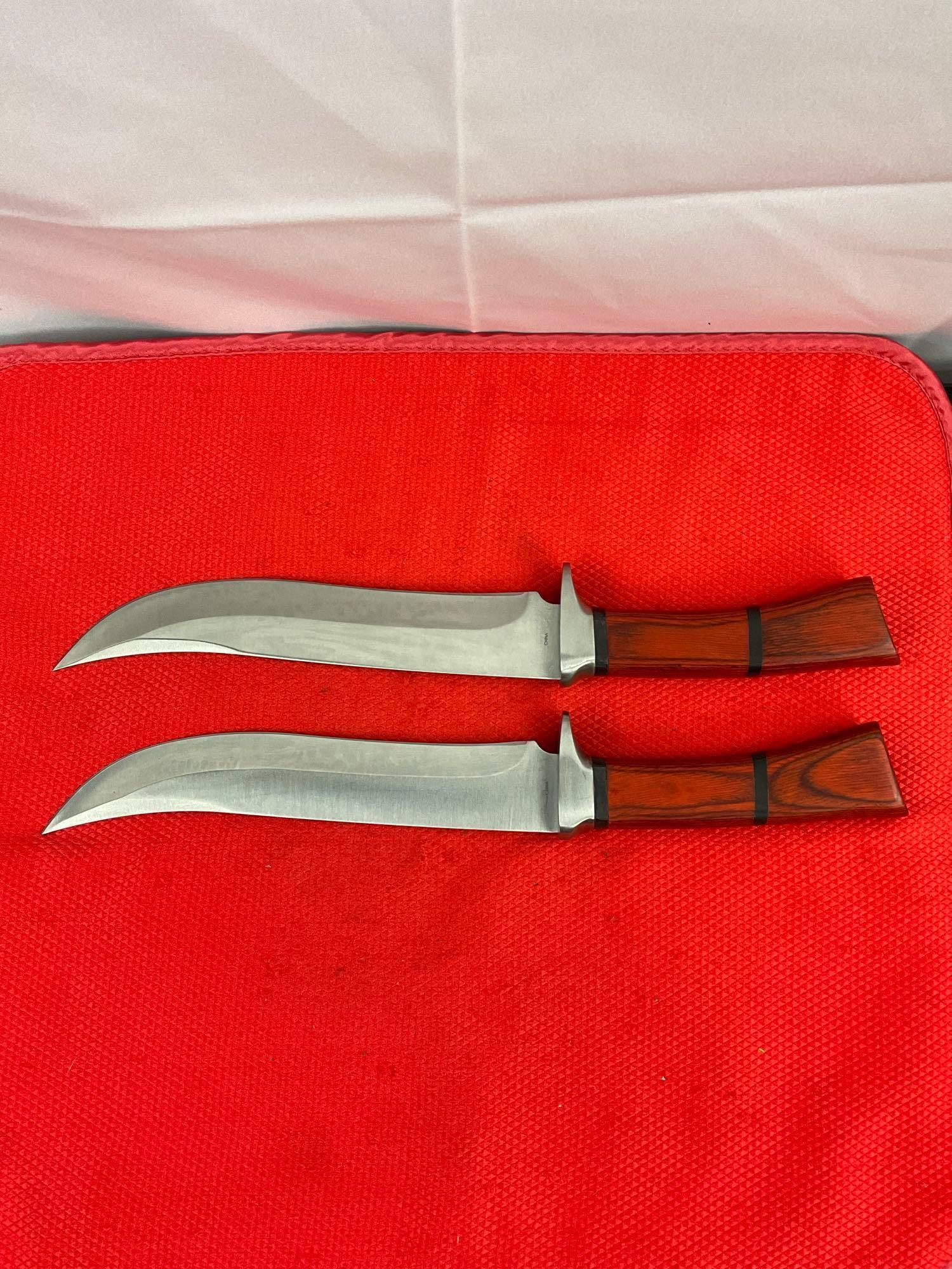 2 pcs The Bone Edge 8" Steel Fixed Blade Bowie Knives w/ Wood Handles & Sheathes. See pics.