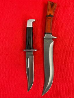 2 pcs Modern Steel Fixed Blade Bowie Knives w/ Wood Handles & Sheathes. 1x The Bone Edge. See pics.