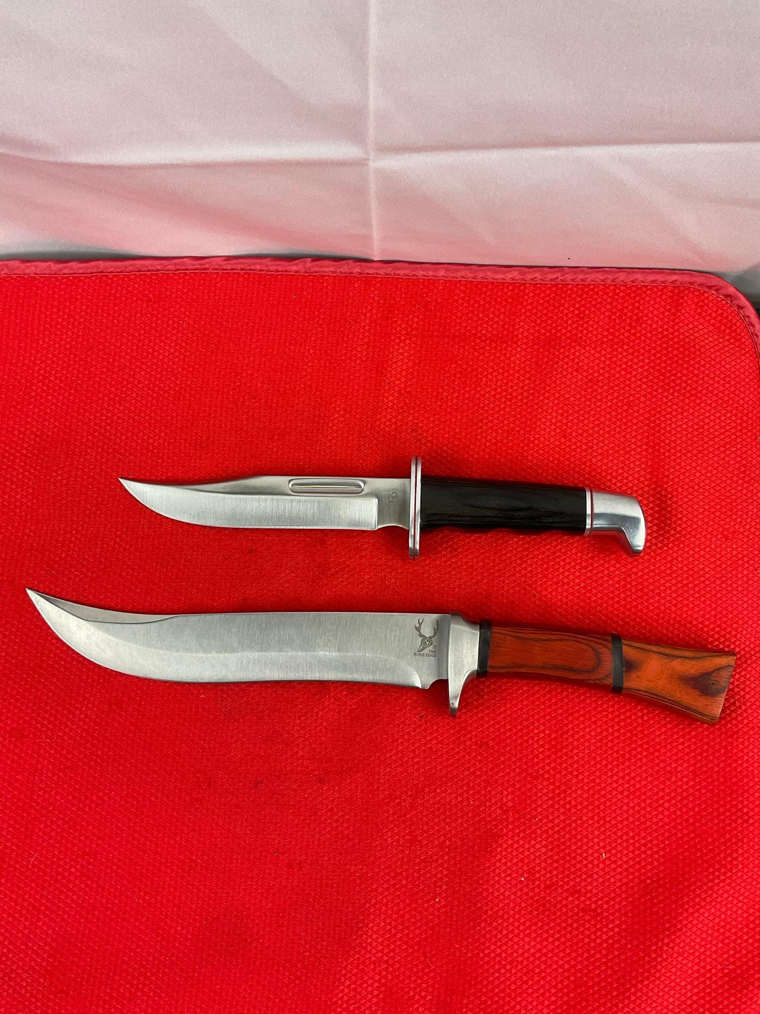 2 pcs Modern Steel Fixed Blade Bowie Knives w/ Wood Handles & Sheathes. 1x The Bone Edge. See pics.