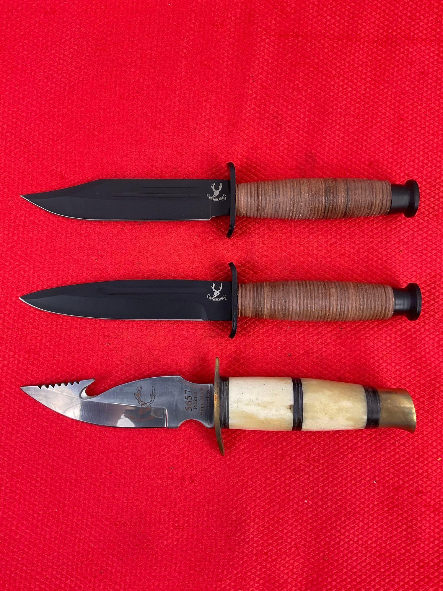 3 pcs The Bone Edge Steel Fixed Blade Hunting Knives w/ Leather Sheathes. 1x 5657. See pics.