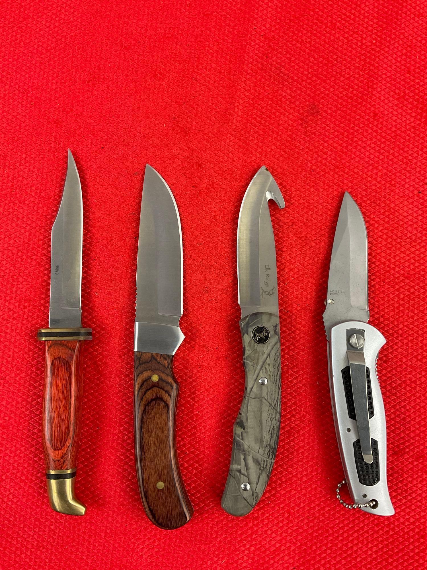 4 pcs Modern Steel Hunting Knife Assortment. 2x Rite Edge, 1x Jaguar, 1x Elk Ridge. See pics.