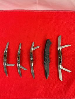 5 pcs Modern Rite Edge Steel Folding Blade Pocket Knives. 2x Stockman. 1x Congress. NIB. See pics.