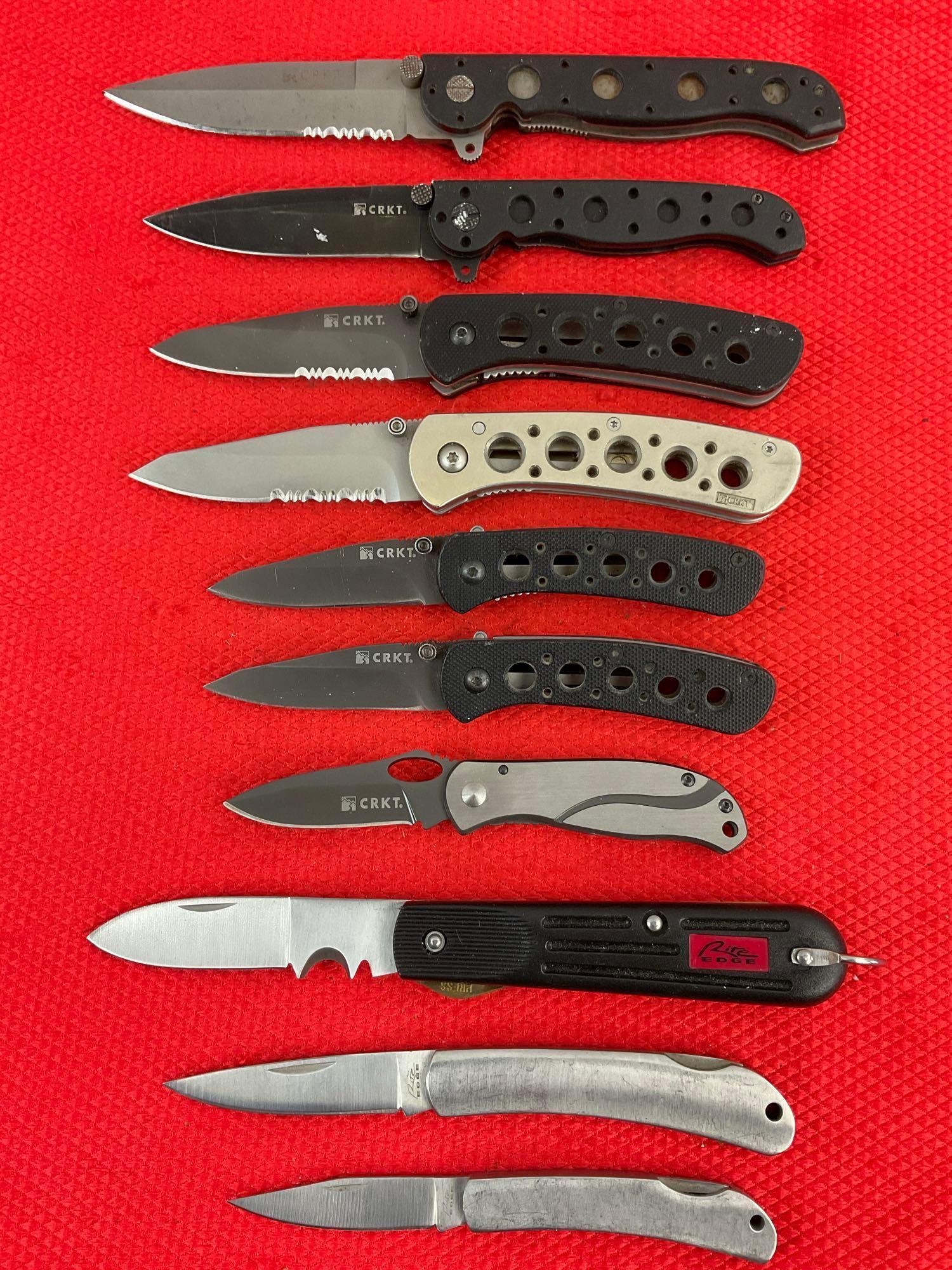 10 pcs Modern Folding Pocket Knives, 7x CRKT & 3x Rite Edge. 2x Mt. Rainier. 2x Pike's Peak. See