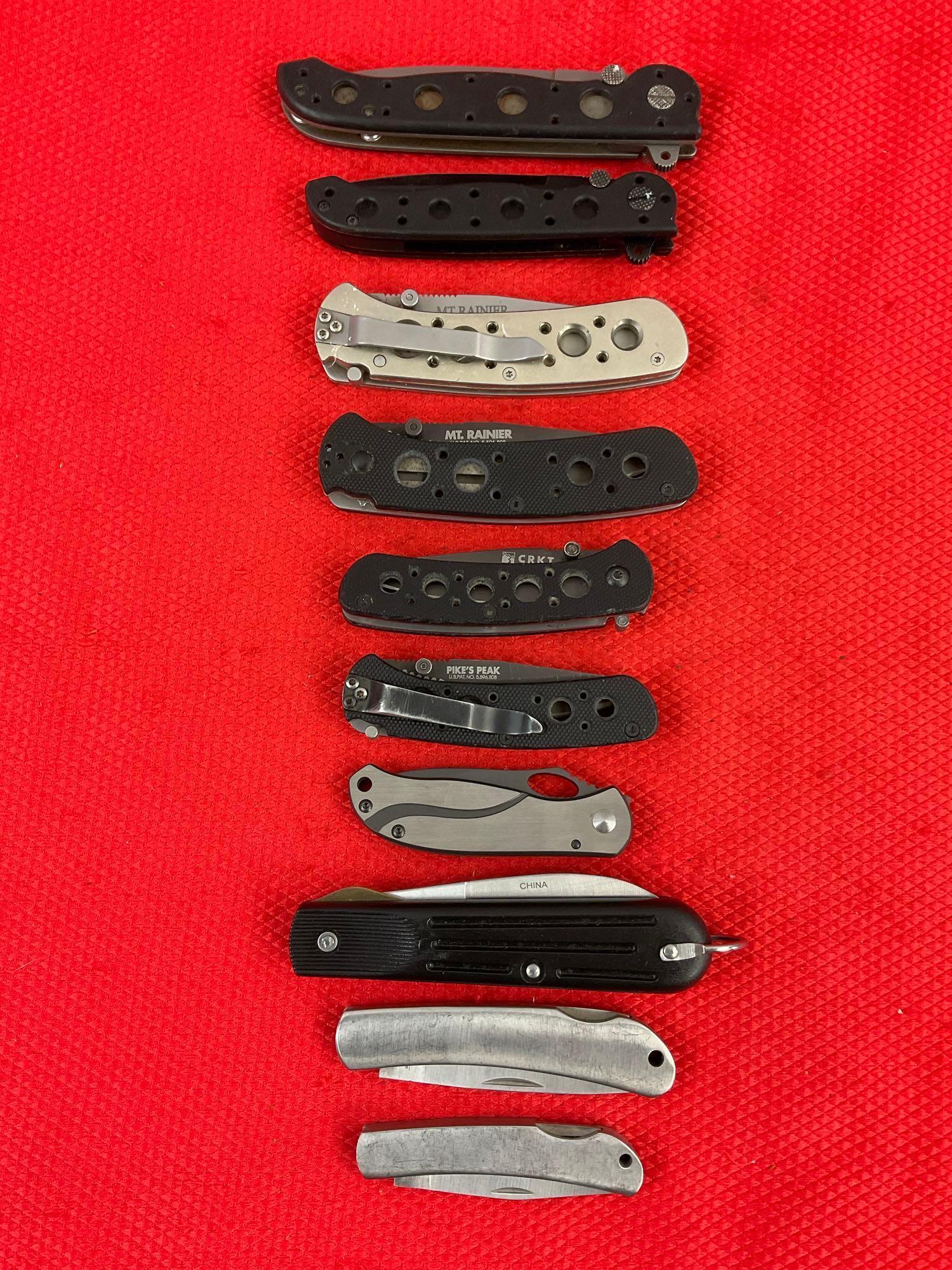 10 pcs Modern Folding Pocket Knives, 7x CRKT & 3x Rite Edge. 2x Mt. Rainier. 2x Pike's Peak. See