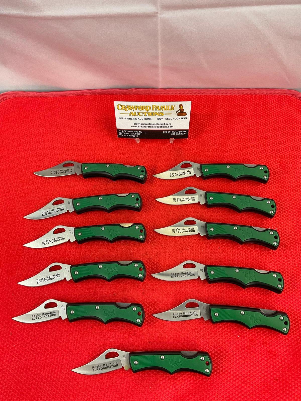 11 pcs Modern SRG 2.25" Steel Folding Blade Pocket Knives. Rocky Mountain Elk Foundation. See pics.