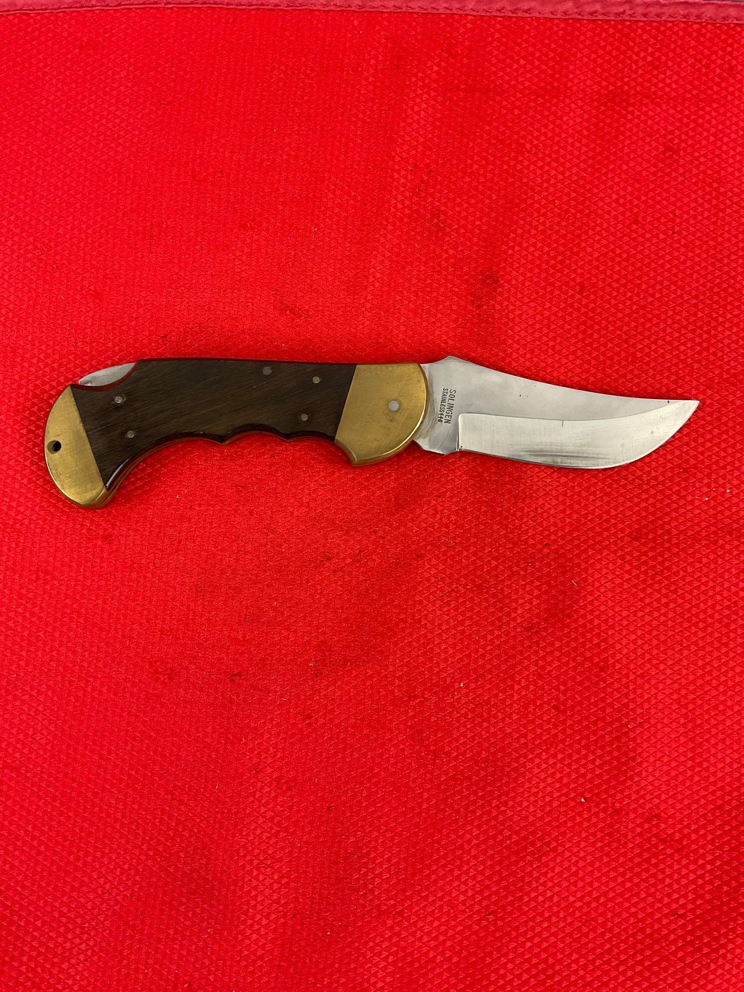 Vintage Bear Hunter 3.5" Solingen 440 Stainless Steel Folding Blade Hunting Knife w/ Sheath. See