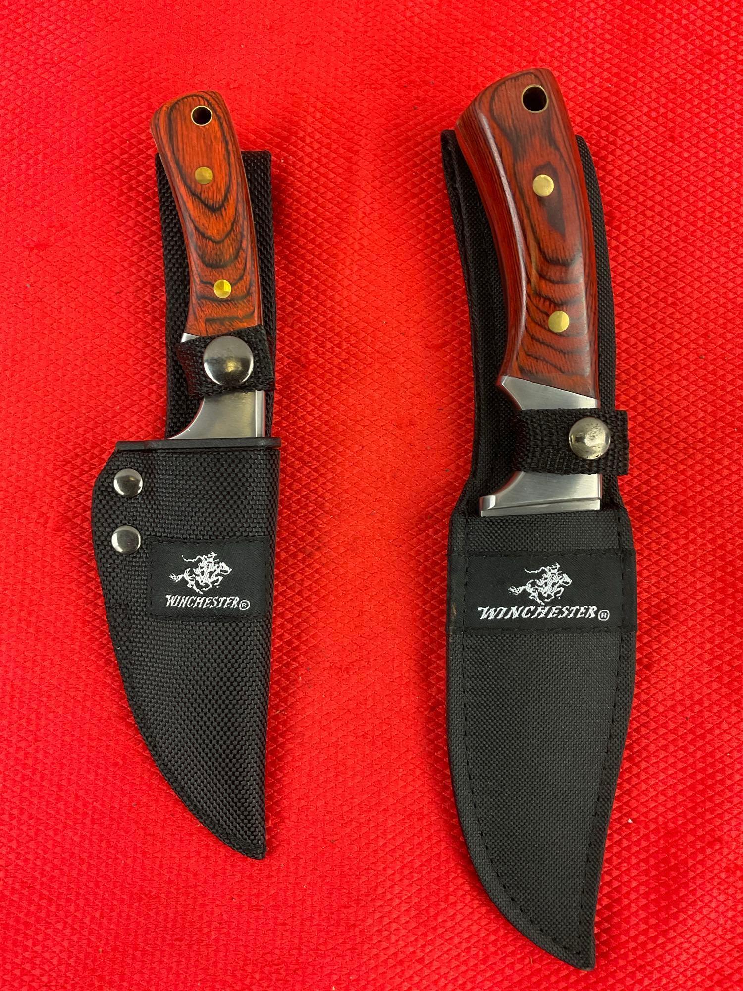 2 pcs Modern Winchester Steel Fixed Blade Hunting Knives w/ NRA Logo & Sheathes. See pics.