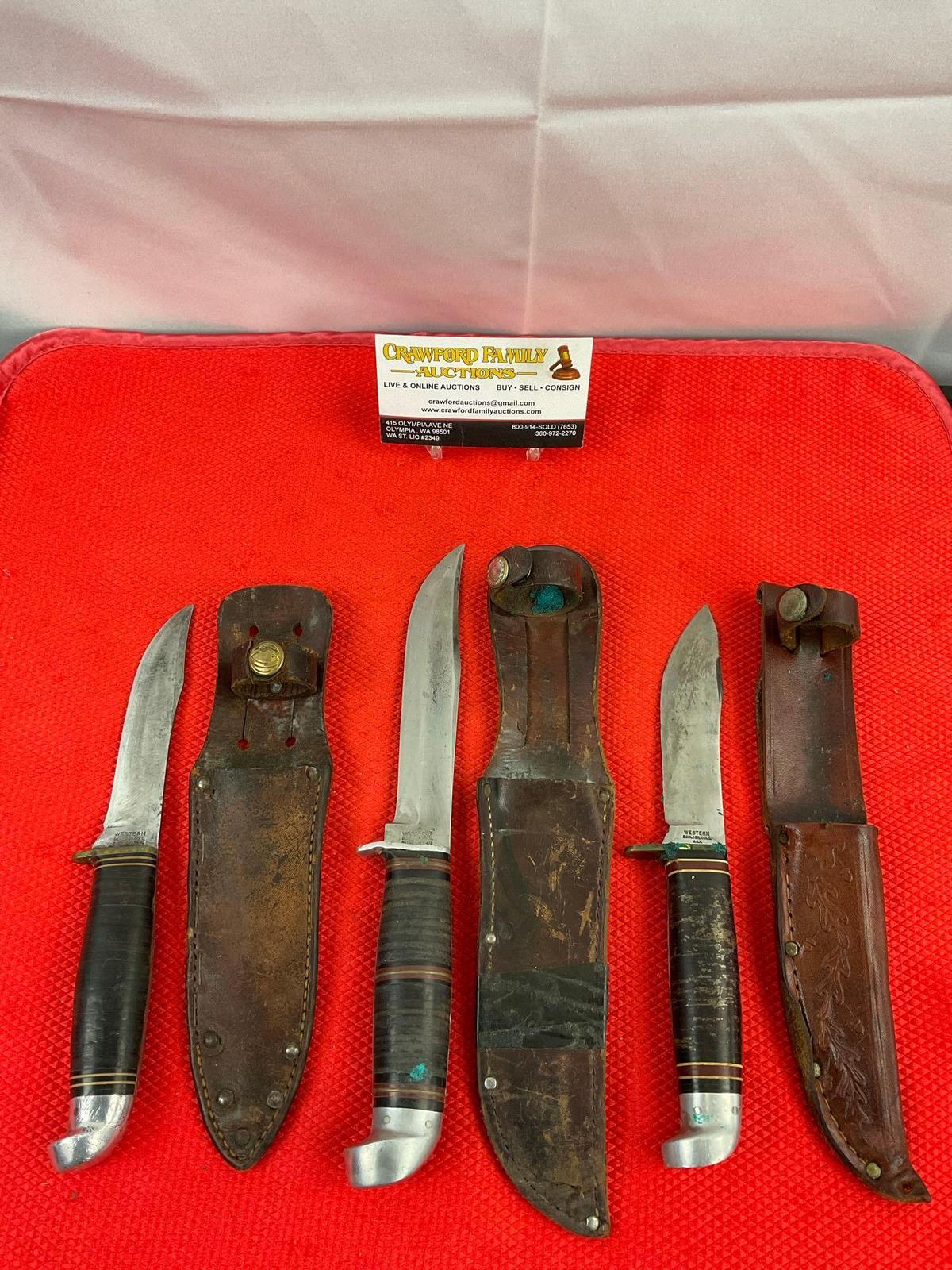 3 pcs Vintage Steel Fixed Blade Hunting Knives w/ Sheathes. 2x Western, 1x West-Cut. See pics.