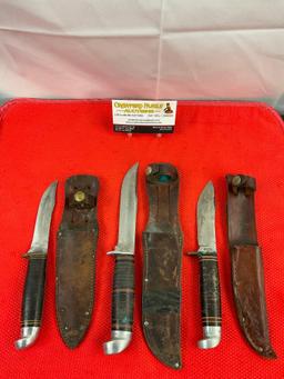 3 pcs Vintage Steel Fixed Blade Hunting Knives w/ Sheathes. 2x Western, 1x West-Cut. See pics.