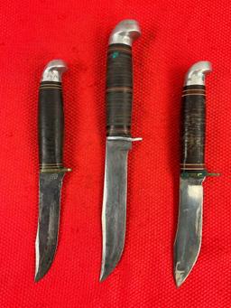 3 pcs Vintage Steel Fixed Blade Hunting Knives w/ Sheathes. 2x Western, 1x West-Cut. See pics.