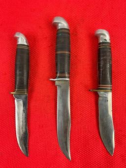 3 pcs Vintage Steel Fixed Blade Hunting Knives w/ Sheathes. 2x Western, 1x West-Cut. See pics.