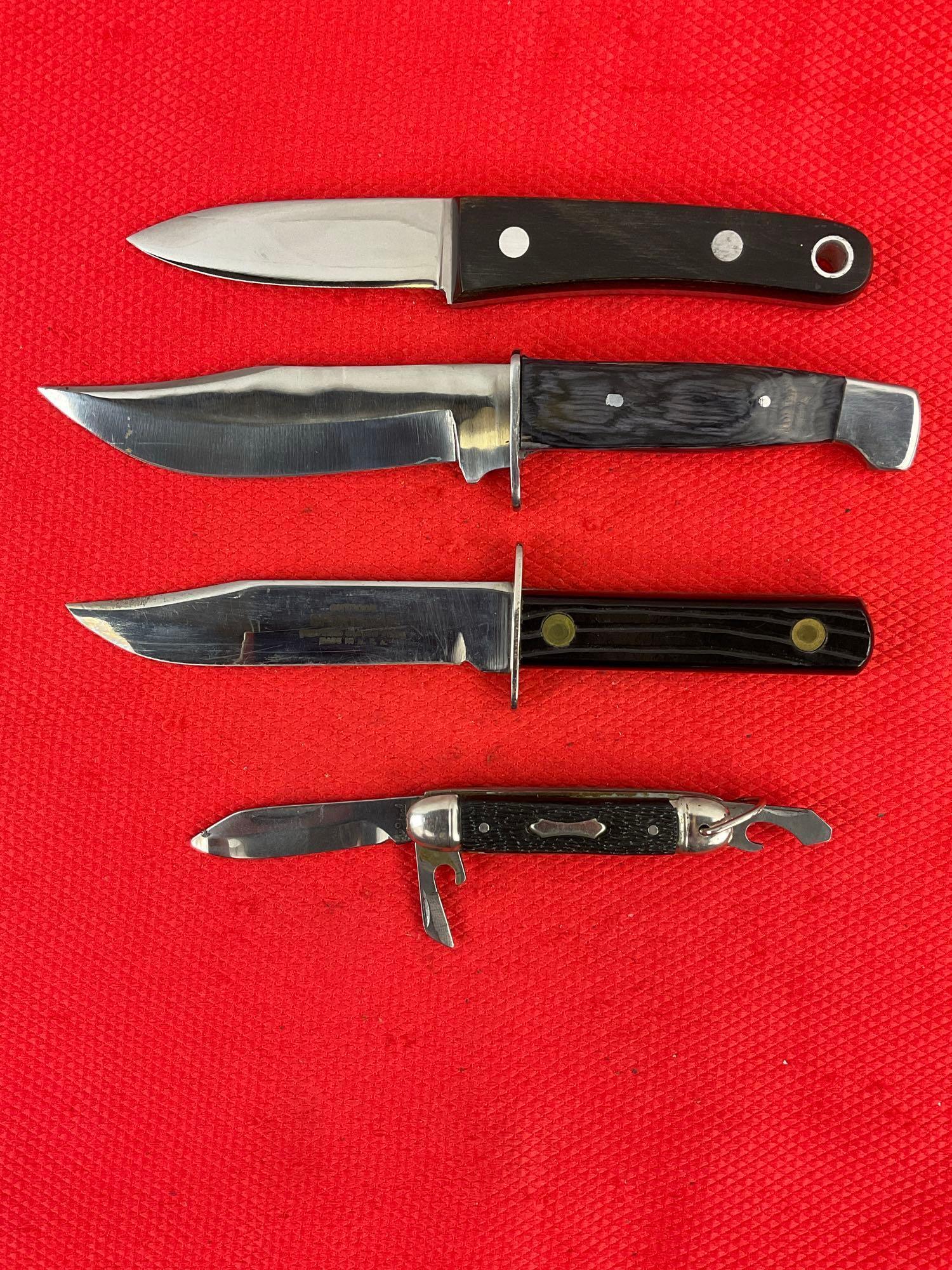 4 pcs Steel Knife Assortment. 1x Cobra Imperator 3.5, 1x Outdoor Sportsman, 1x The Heal. See pics.