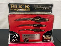 Buck Knives 2007 Collectors Edition 373 Trio, 375 Deuce & 379 Solo w/ Collectors Tin