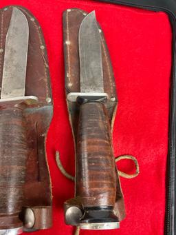 2x Vintage Fixed Blade Craftsman Knives w/ Leather Sheathes - Both Blades Are 5" Long - See pics