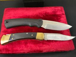Pair of Buck Knives, 50th Year Anniversary Buck 110 & Fixed Blade Model 679 w/ Sheath & case
